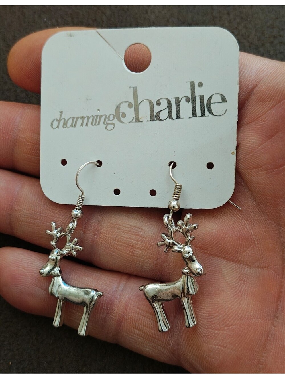 Charming Charlie Vintage Style Silver Reindeer Dangle Earrings